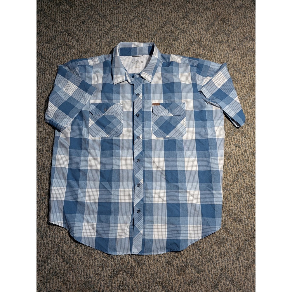 Orvis Mens Blue Plaid Short Sleeve Fishing Shirt Ventilated Mesh Back XL